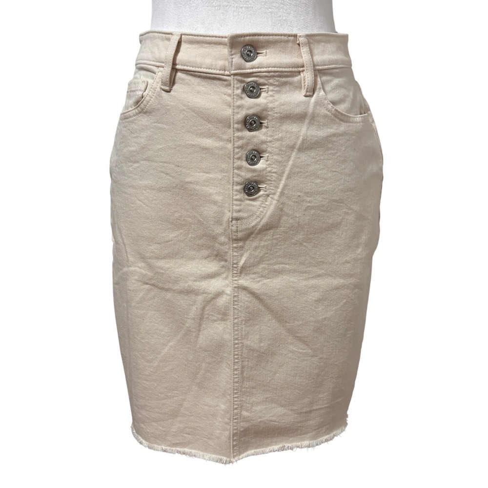 Banana Republic Button Fly Raw Hem Denim Pencil‎ Skirt Women 2P Cream Minimalist